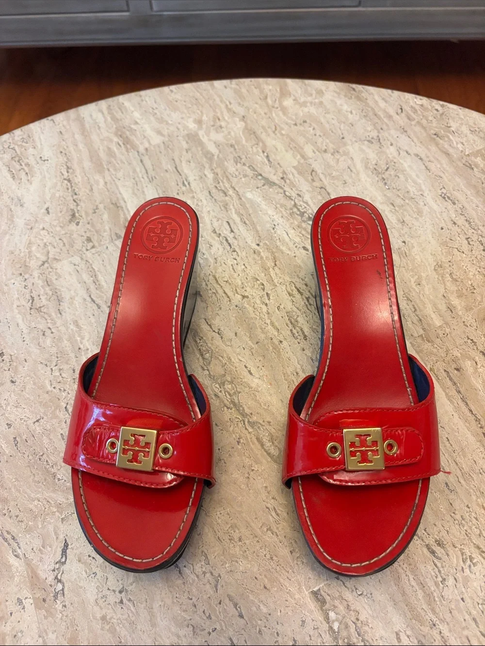 Tory Burch Red Patent Slide Mules with Gold Logo